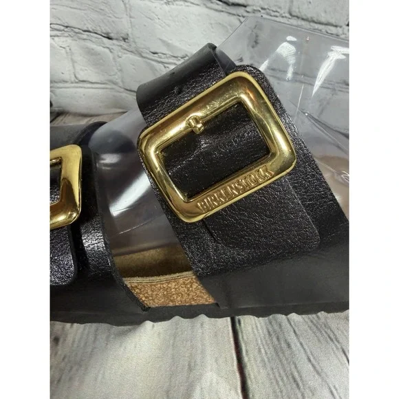 Birkenstock Arizona Big Gold Buckle Sandals Black Leather EU 40 W 9.5 EXCELLENT - Picture 2 of 9